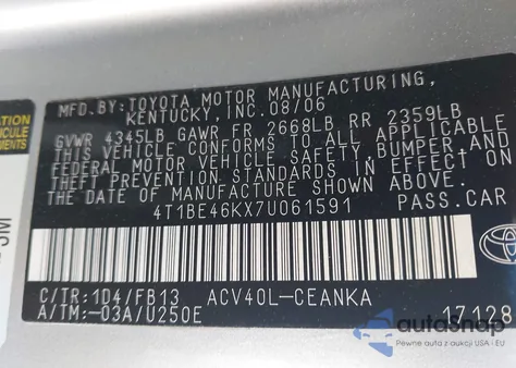 2007 Toyota Camry Le from USA, damaged, VIN 4T1BE46KX7U061591